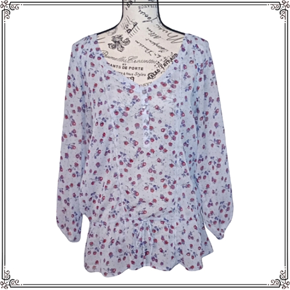 Inked & Faded Sheer Floral Peasant Blouse Size Large